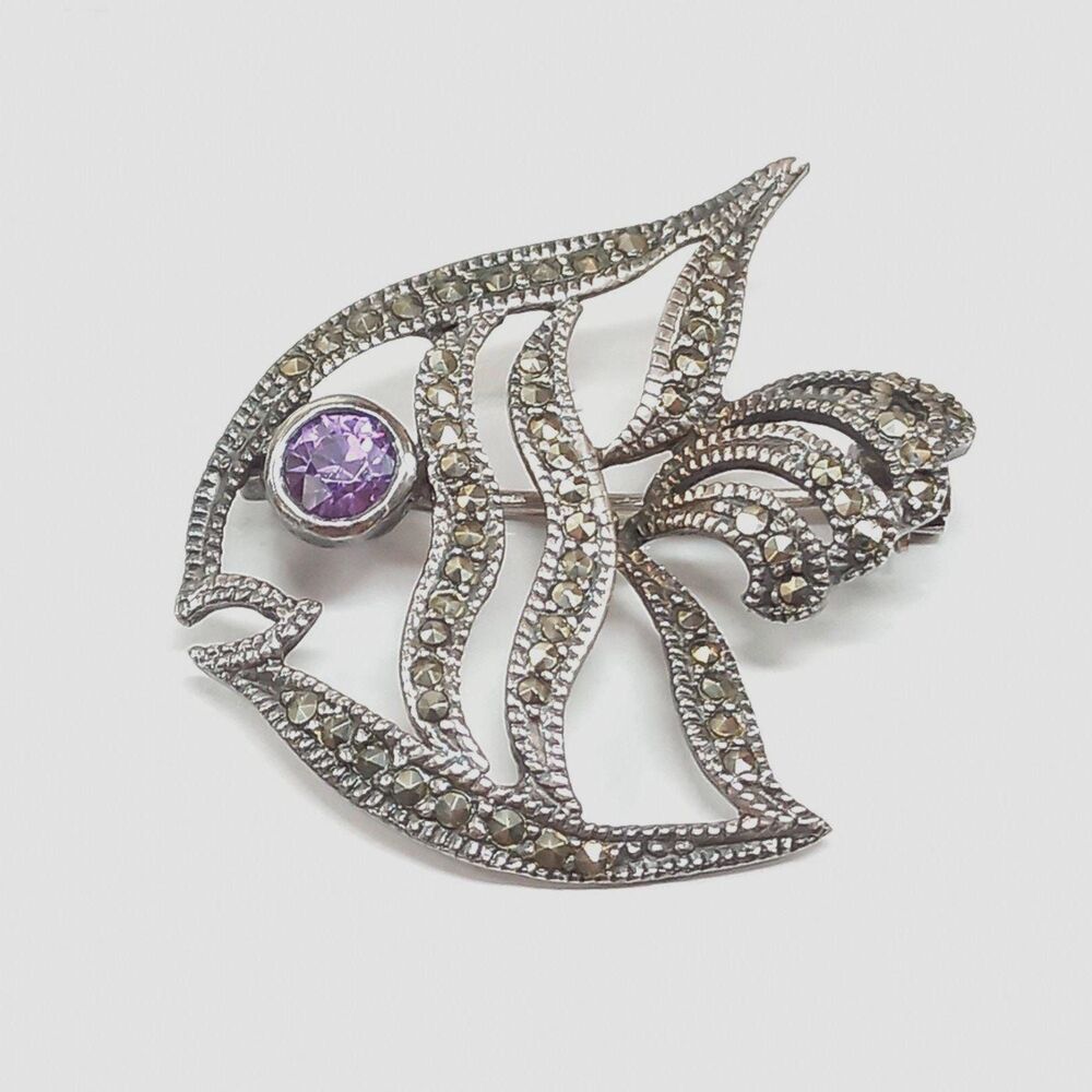 Sterling FISH Vintage Marcasite Amethyst Brooch Pin